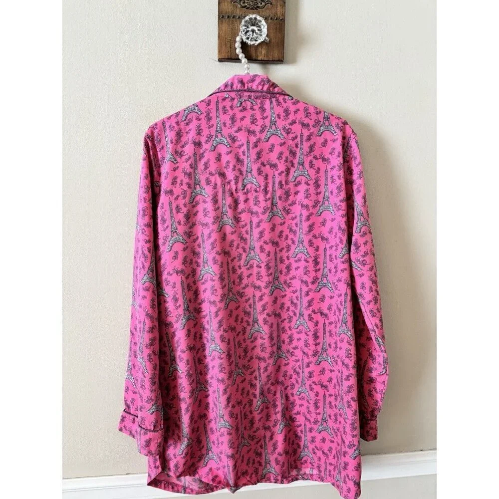 Mudpie Follow Your Dreams Womens Size L Sleep Shirt Pink Eiffel Tower Long Sleev